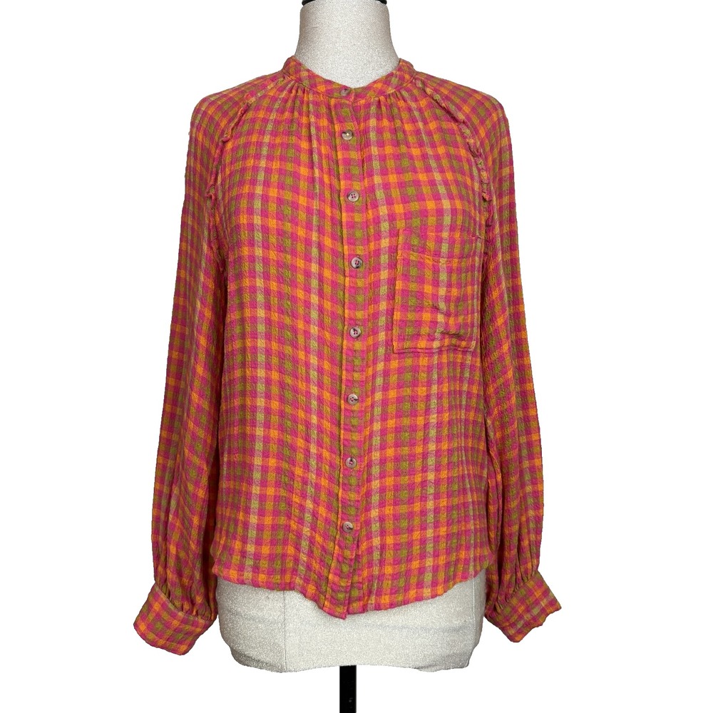 Pilcro Shirt Womens Small Plaid Long Sleeve Button Up Lightweight Top Boho